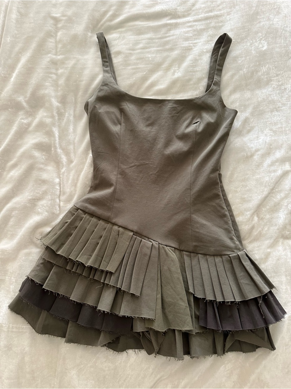 ZARA Asymmetrical Pleated Ruffle Mini Skort Dress Khaki Green Size Small